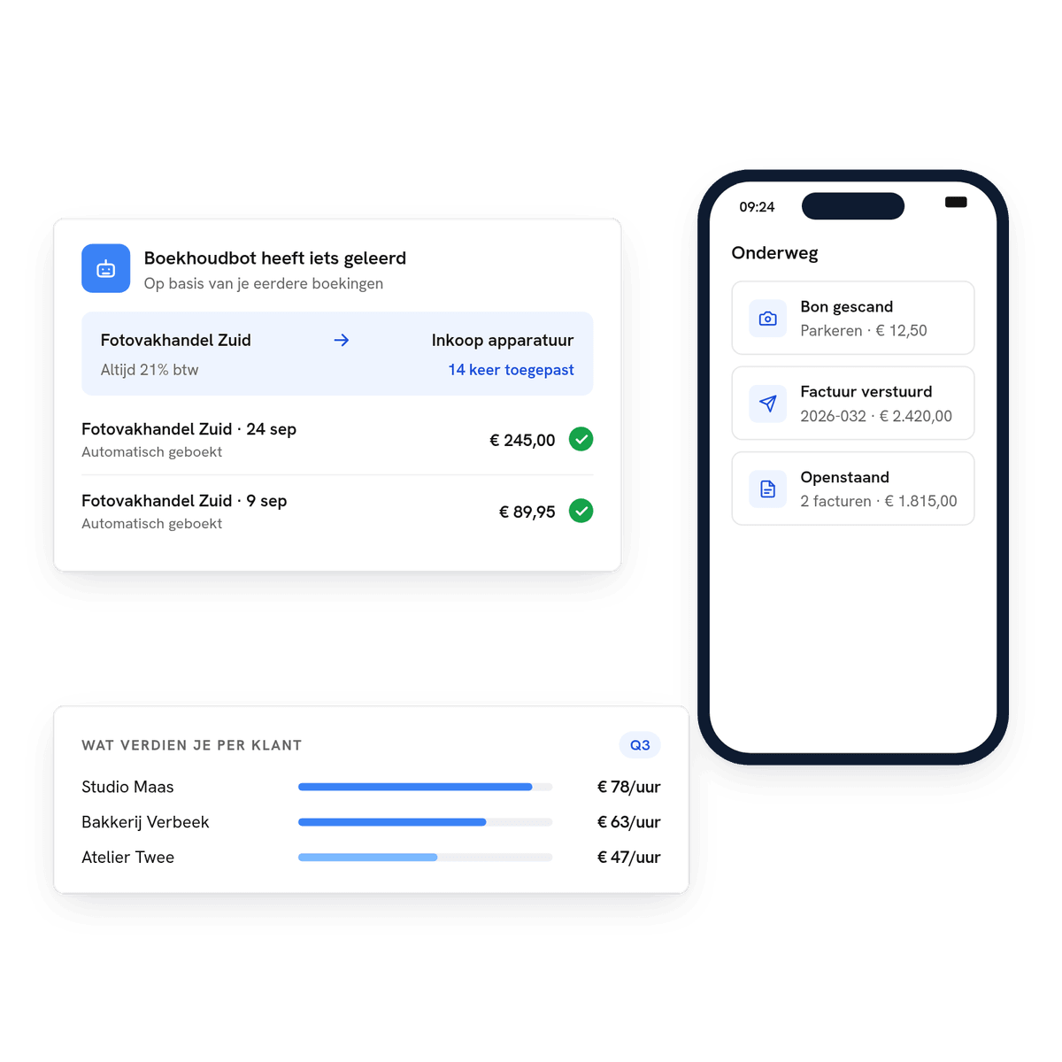 Boekhoudbot die een leverancier herkent en automatisch boekt, de mobiele app voor bonnen en facturen onderweg en een overzicht van wat je per klant per uur verdient