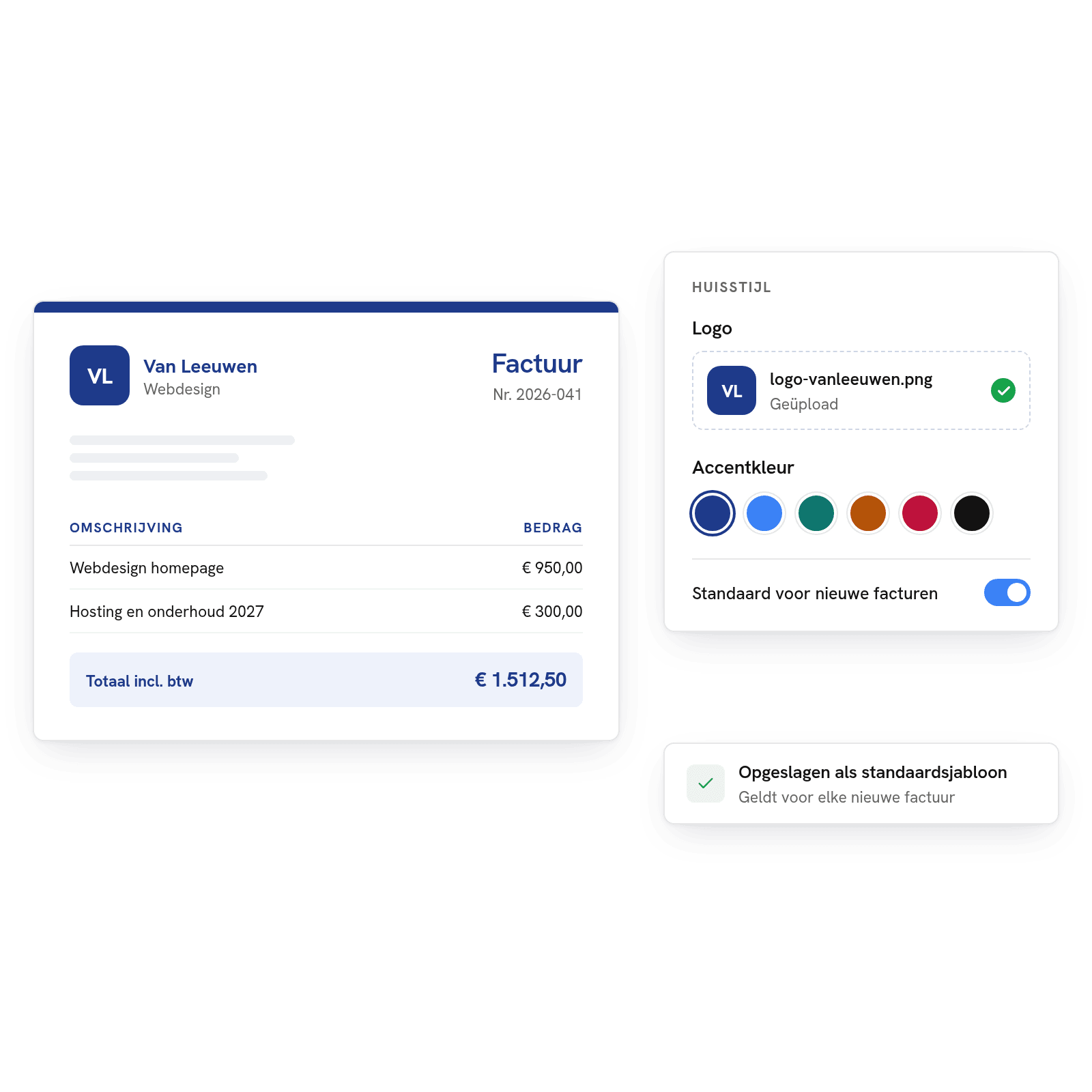 Factuur in eigen huisstijl met geüpload logo en gekozen donkerblauwe accentkleur, opgeslagen als standaardsjabloon voor elke nieuwe factuur
