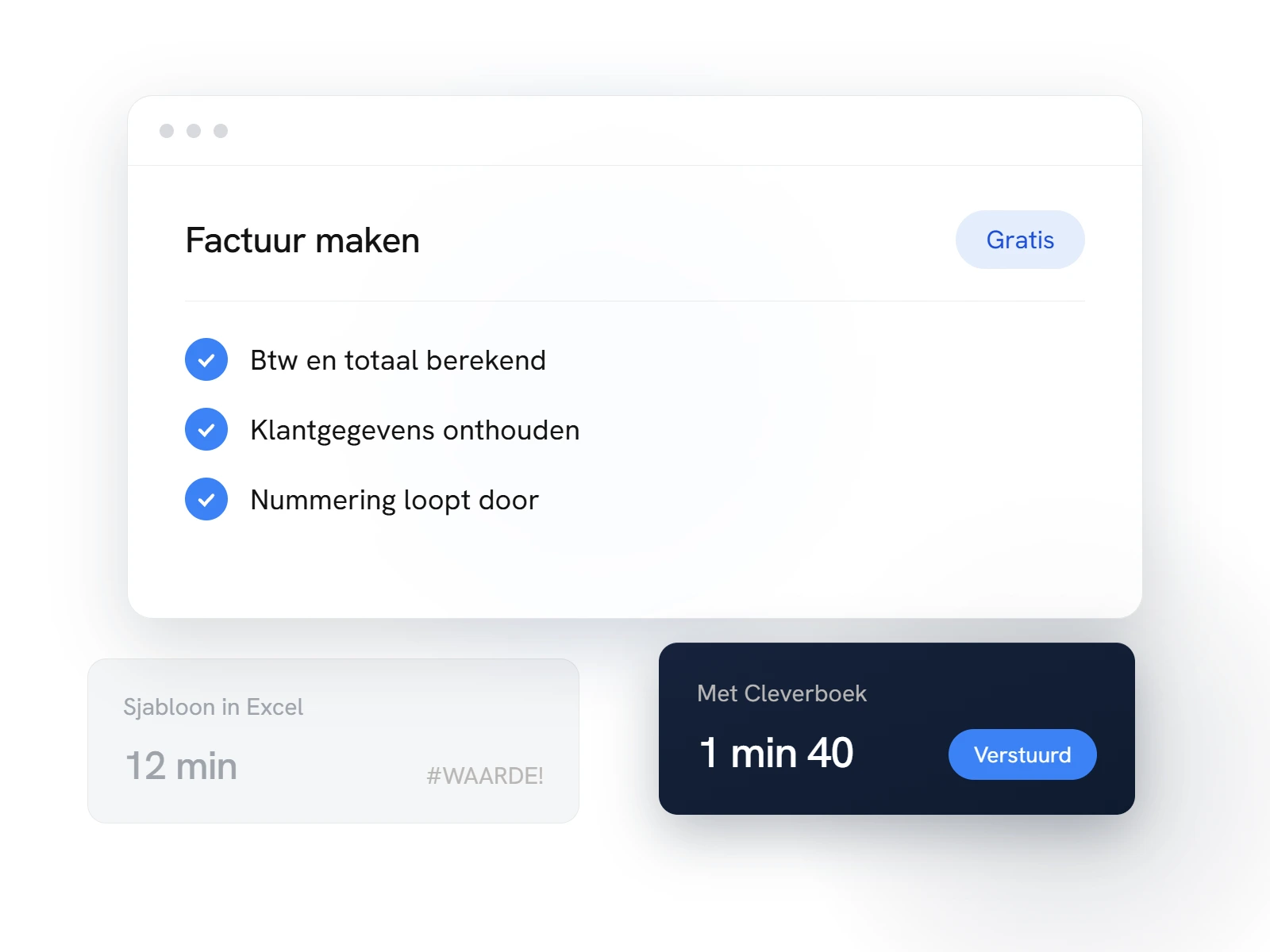 Vergelijking tussen een Excel-factuursjabloon met een #WAARDE!-fout na 12 minuten en een factuur die in Cleverboek in 1 minuut 40 klaar en verstuurd is